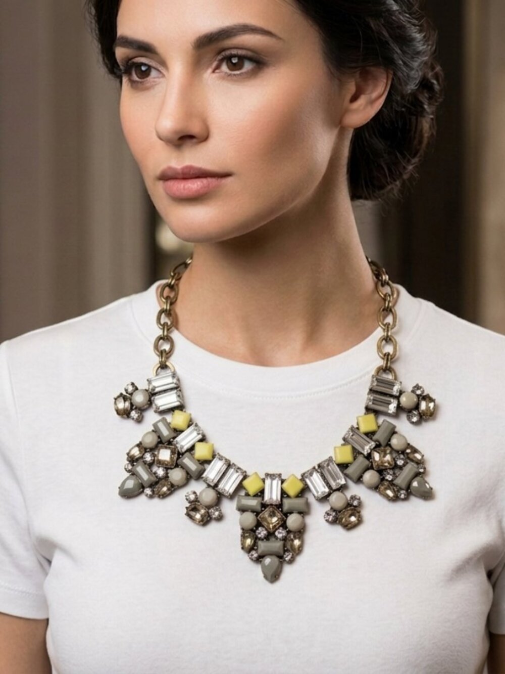 Statement Bib Necklace in Pale Yellow and Gray